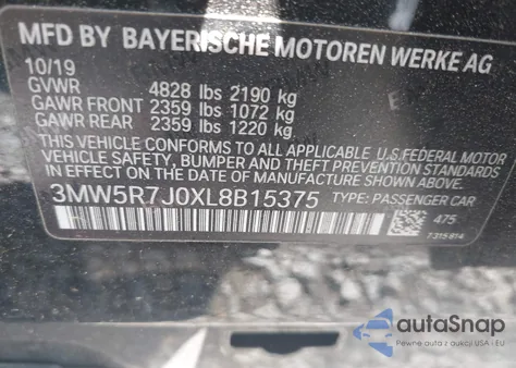 2020 BMW 330I xDrive z USA, uszkodzony, nr VIN 3MW5R7J0XL8B15375